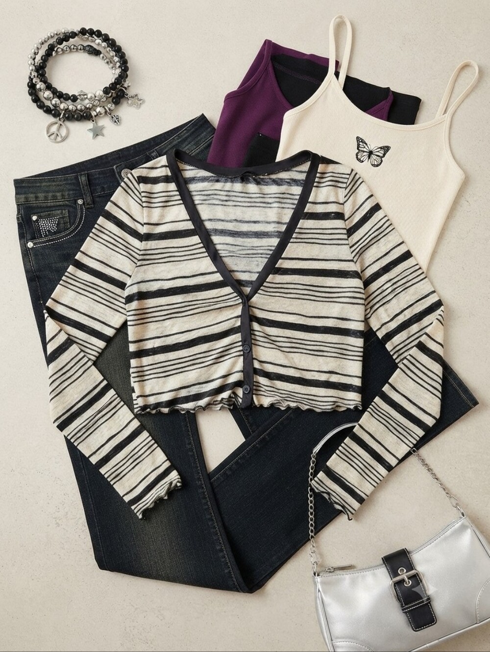 Y2K Gaze Black Off White Striped Lettuce Trim Long Sleeve Cropped Cardigan